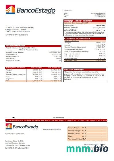 Chile Banco del Estado de Chile wyciąg z kredytu hipotecznego szablon Word i PDF